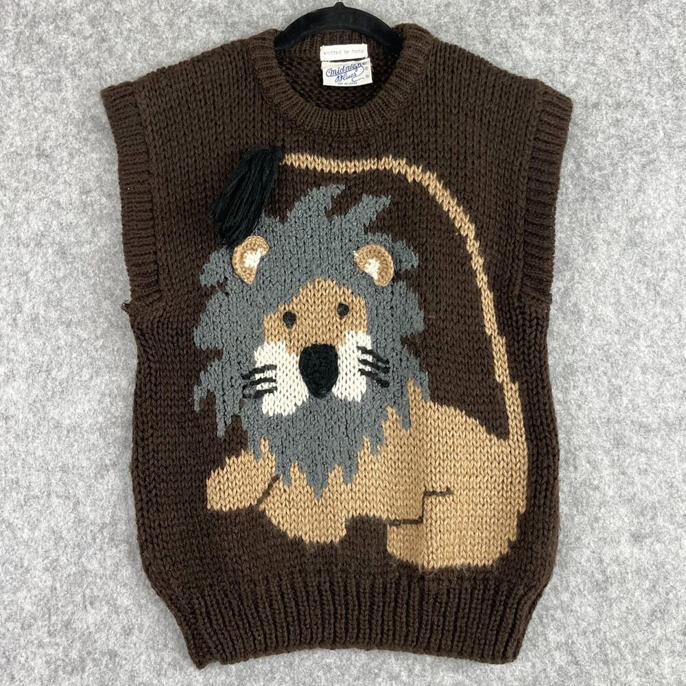 Vintage Midnight Blues Sweater‎ Womens Small Brown Lion Hand Knit 3D Artsy
